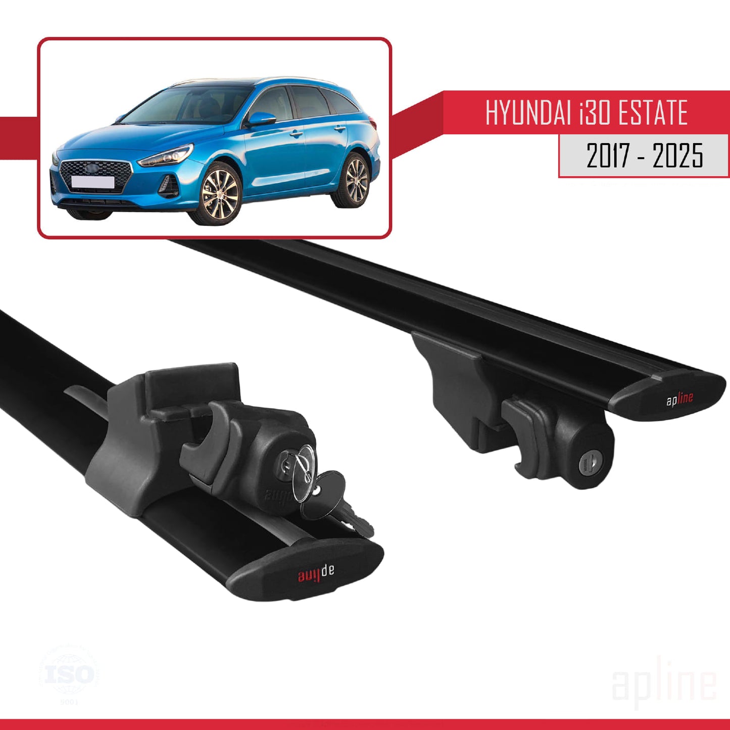 Compatible with Hyundai i30 3 (PD) SW 2017-2025 HOOK Model Car Roof Rack Cross Bar Black Aluminium 2 Bars