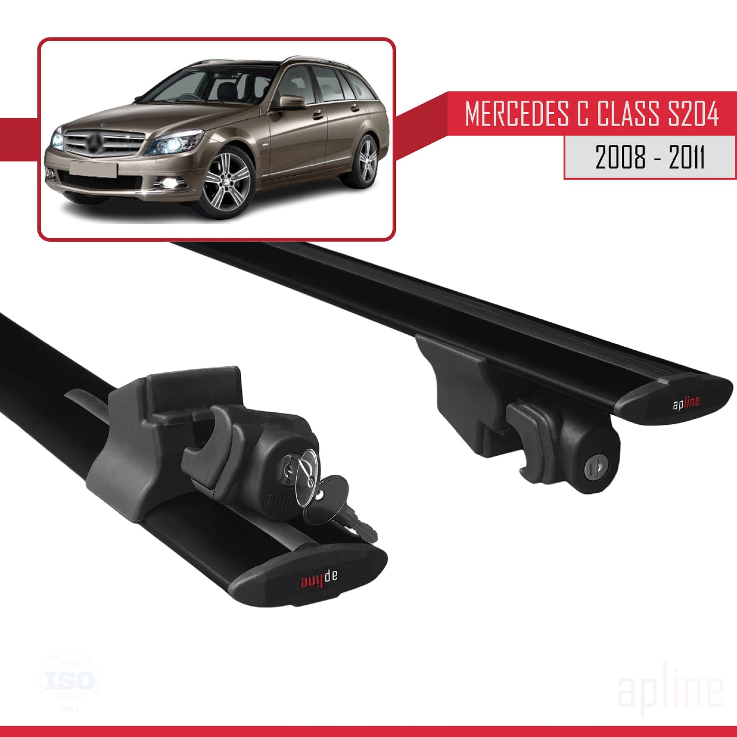 Compatible with Mercedes C Class 3 (S204) Pre-Facelift 2008-2011 HOOK Model Car Roof Rack Cross Bar Black Aluminium 2 Bars