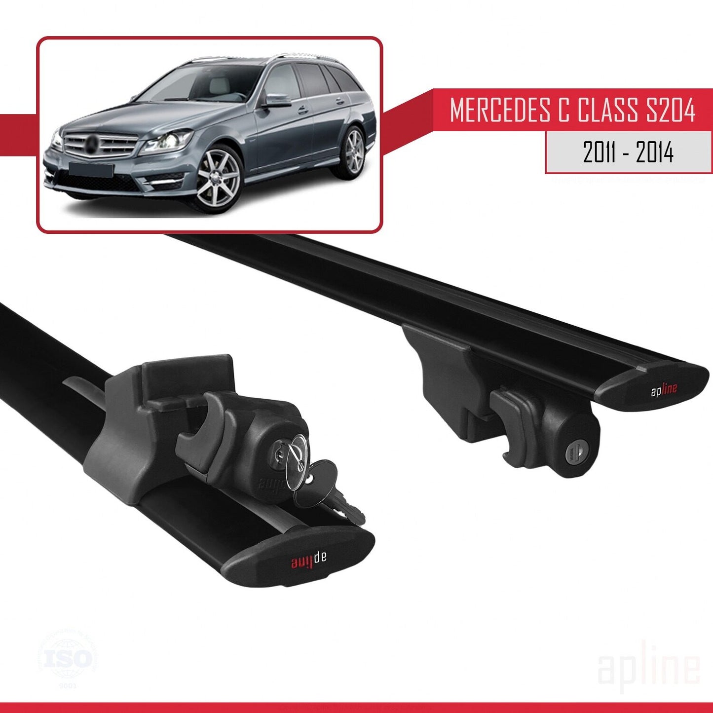 Compatible with Mercedes C Class 3 (S204) Post-Facelift 2011-2014 HOOK Model Car Roof Rack Cross Bar Black Aluminium 2 Bars