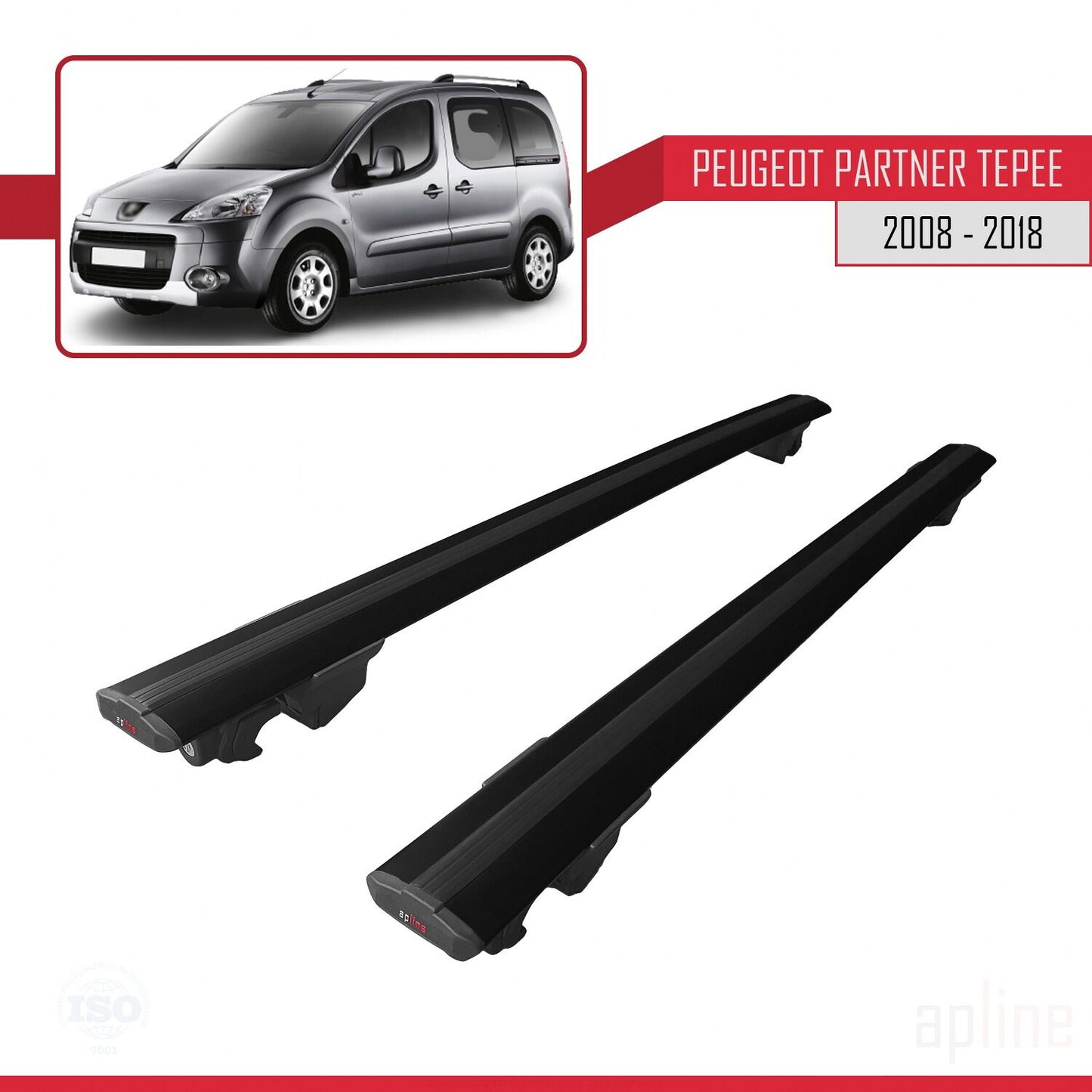 Compatible with Peugeot Partner 2 Tepee 2008-2018 HOOK Model Car Roof Rack Cross Bar Black Aluminium 2 Bars