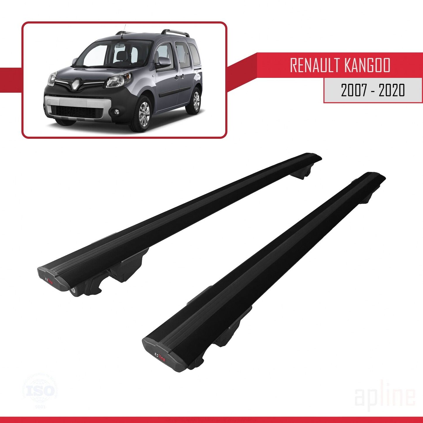 Compatible avec Renault Kangoo 2 (X61) 2007-2020 HOOK Model Barres de Toit Railing Porte-Bagages de Voiture Noir Aluminium 2 Barres