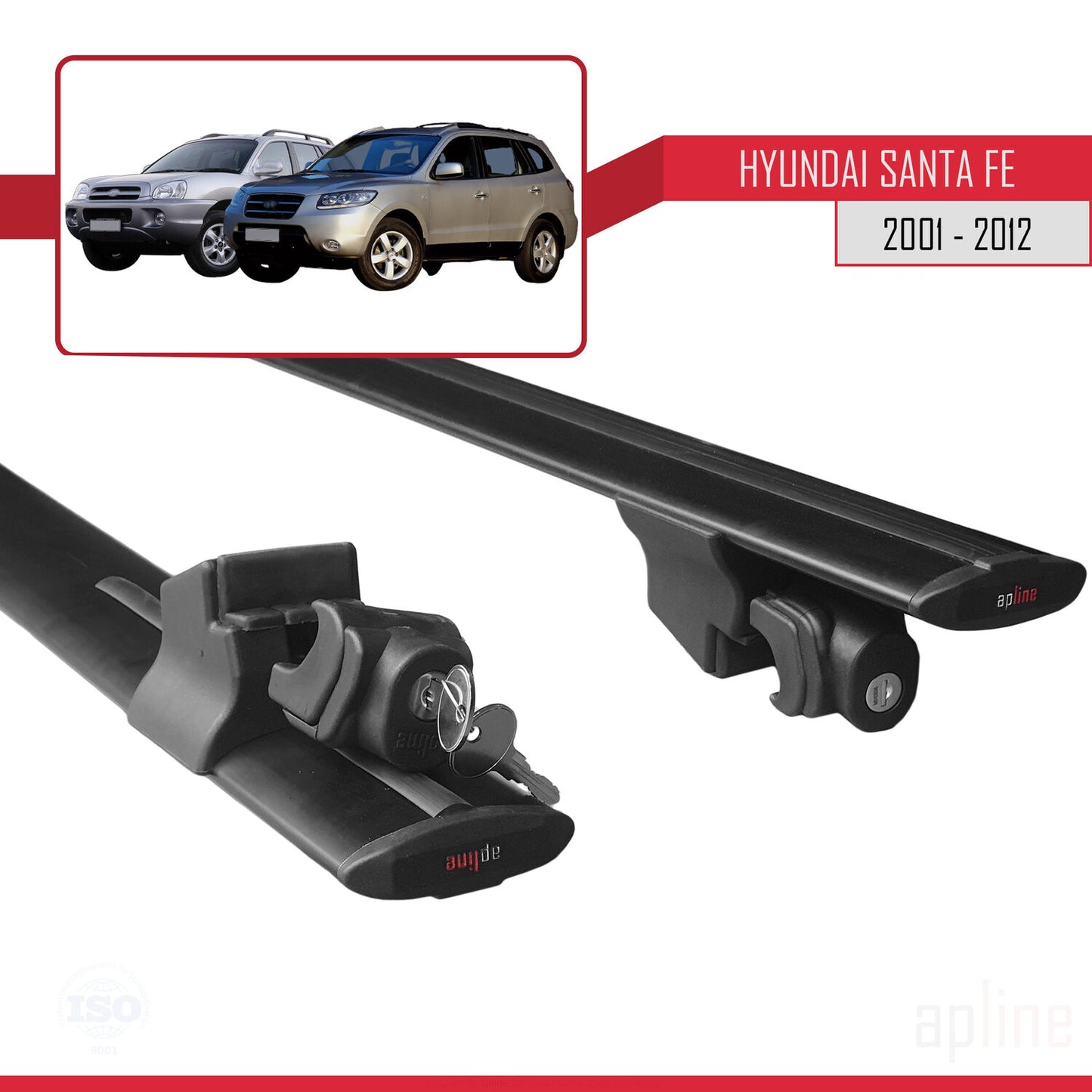 Compatible with Hyundai Santa Fe (SM/CM) 2001-2012 HOOK Model Car Roof Rack Cross Bar Black Aluminium 2 Bars