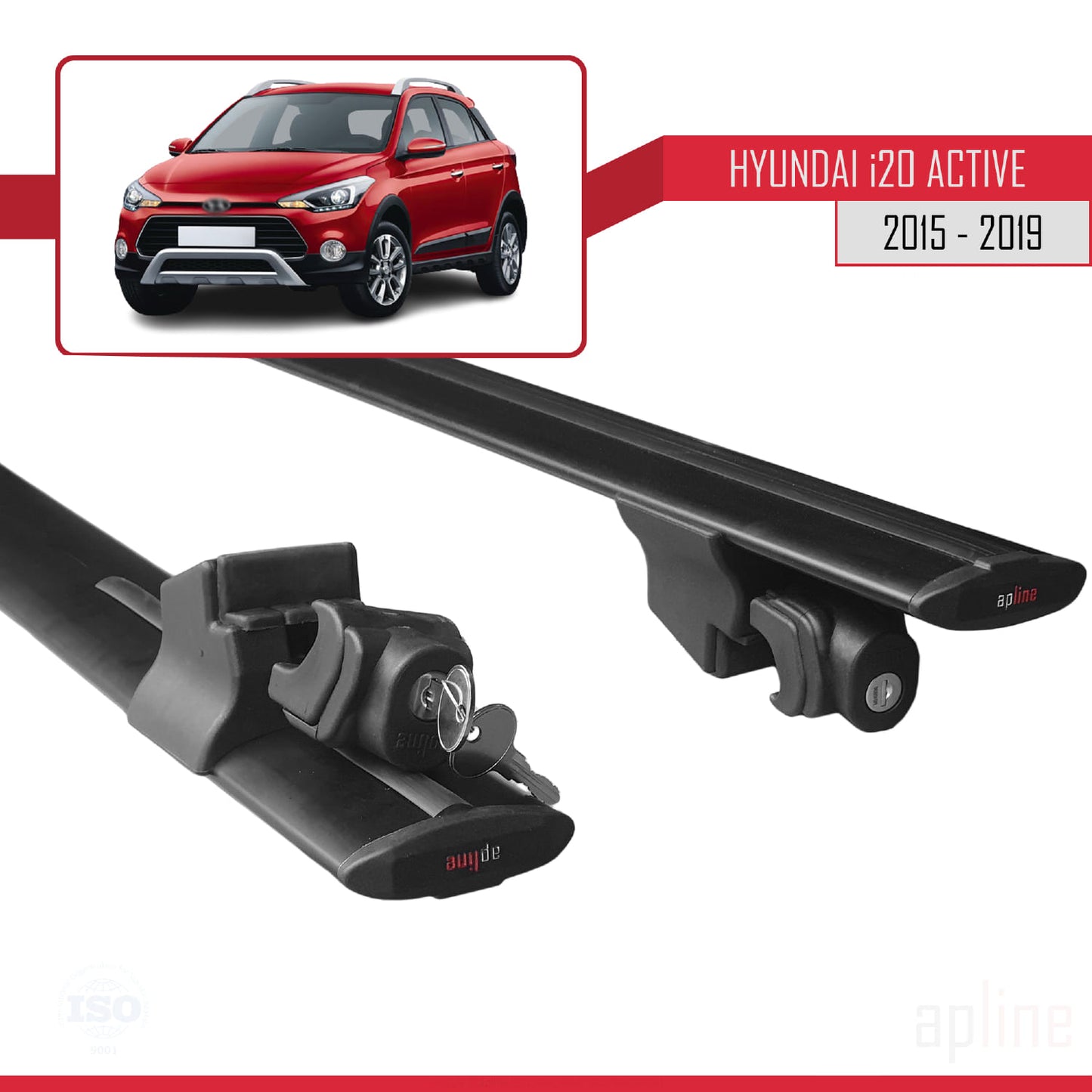 Compatible avec Hyundai i20 II Active 2015-2019 HOOK Model Barres de Toit Railing Porte-Bagages de Voiture Noir Aluminium 2 Barres