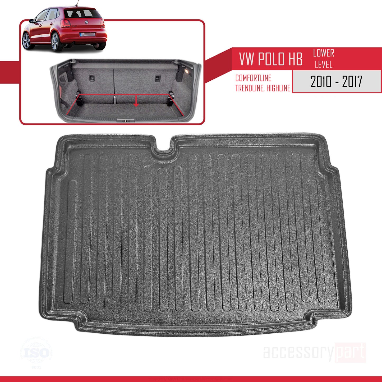 Compatible avec Volkswagen Polo 6 (Tline-Cline-Hline) 2010-2017 Flexible Tapis de Coffre Plancher de Chargement Inférieur Noir