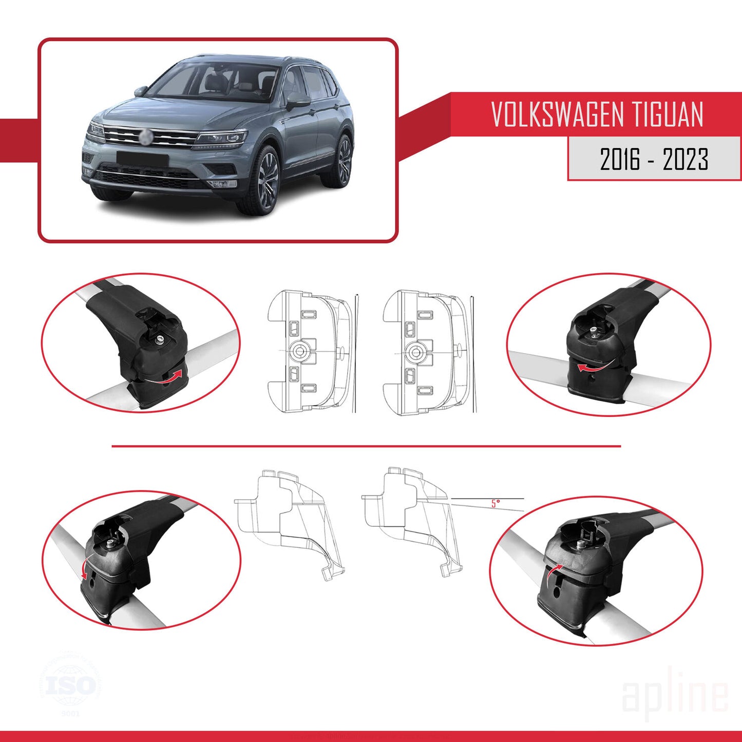 Compatible avec Volkswagen Tiguan 2 (AD1) 2016-2023 ACE-2 Barres de Toit Railing Porte-Bagages de Voiture Gris Aluminium 2 Barres