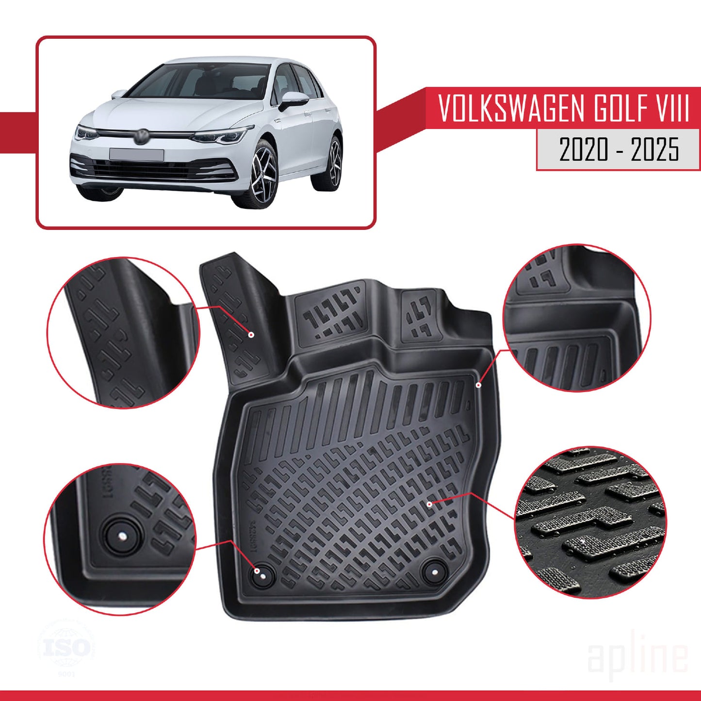 Compatible avec Volkswagen Golf 8 (CD1) (Vitesses Automatique) 2020-2025 4D Tapis de Voiture Noir