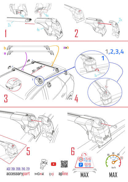 Compatible with A3 (8PA) Sportback 2004-2012 ACE-2 Car Roof Rack Cross Bar Grey Aluminium 2 Bars