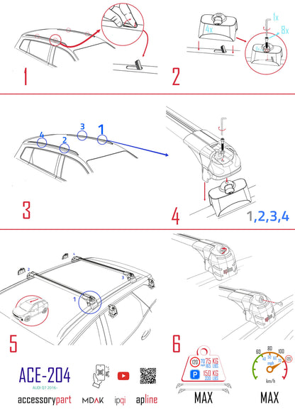 Compatible with Q7 (4M) 2016-2025 ACE-2 Car Roof Rack Cross Bar Grey Aluminium 2 Bars