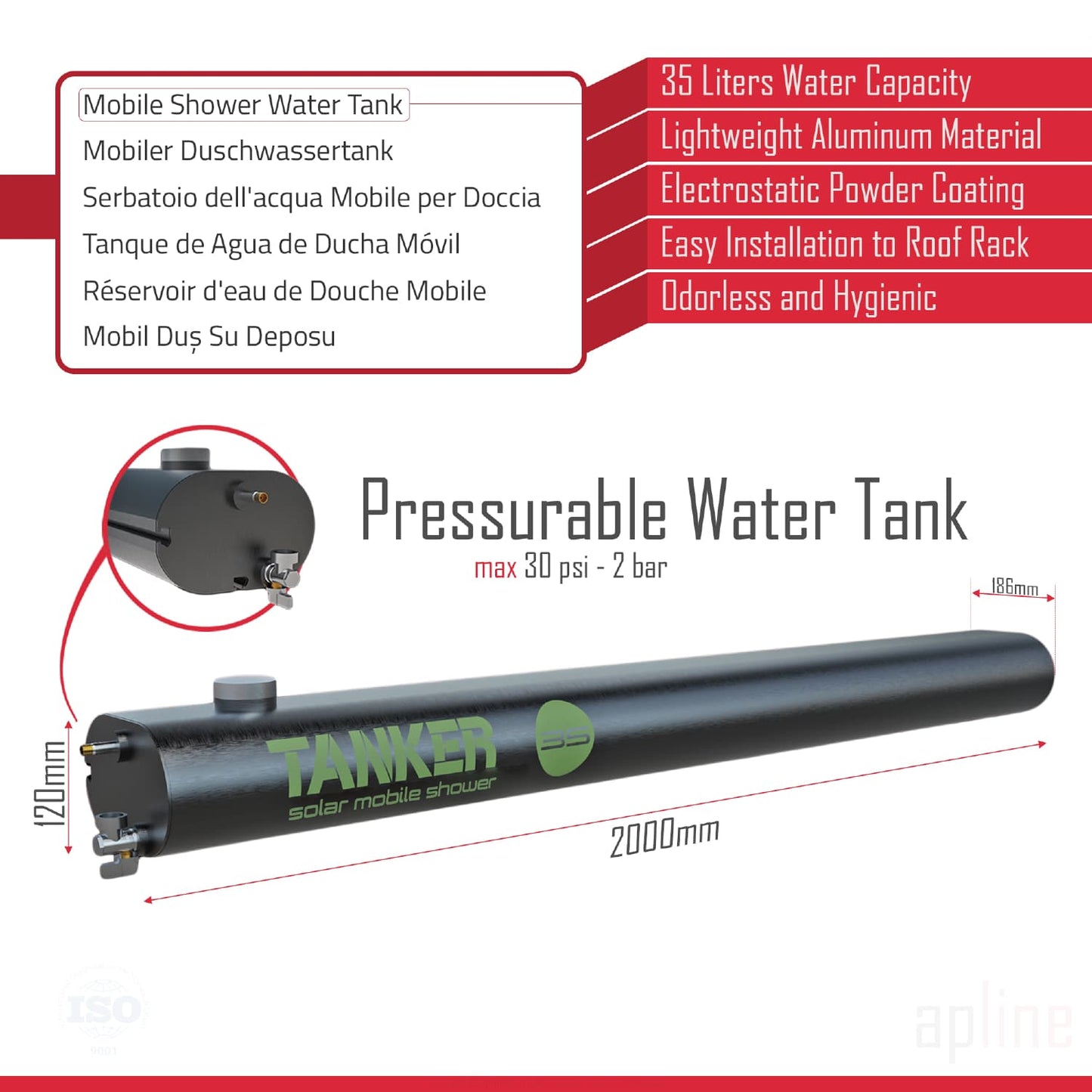 Tanker Douche solaire 35 litres Réservoir de douche pressurisable