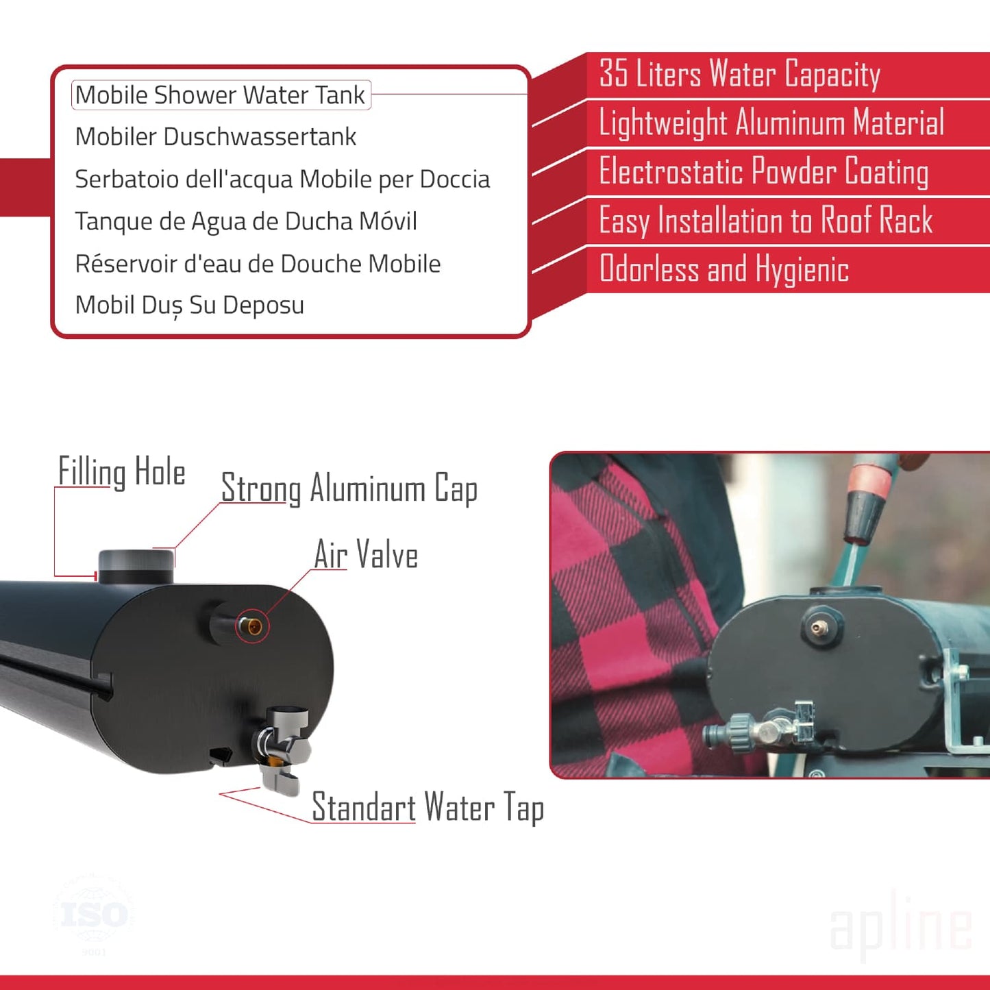 Tanker Douche solaire 35 litres Réservoir de douche pressurisable