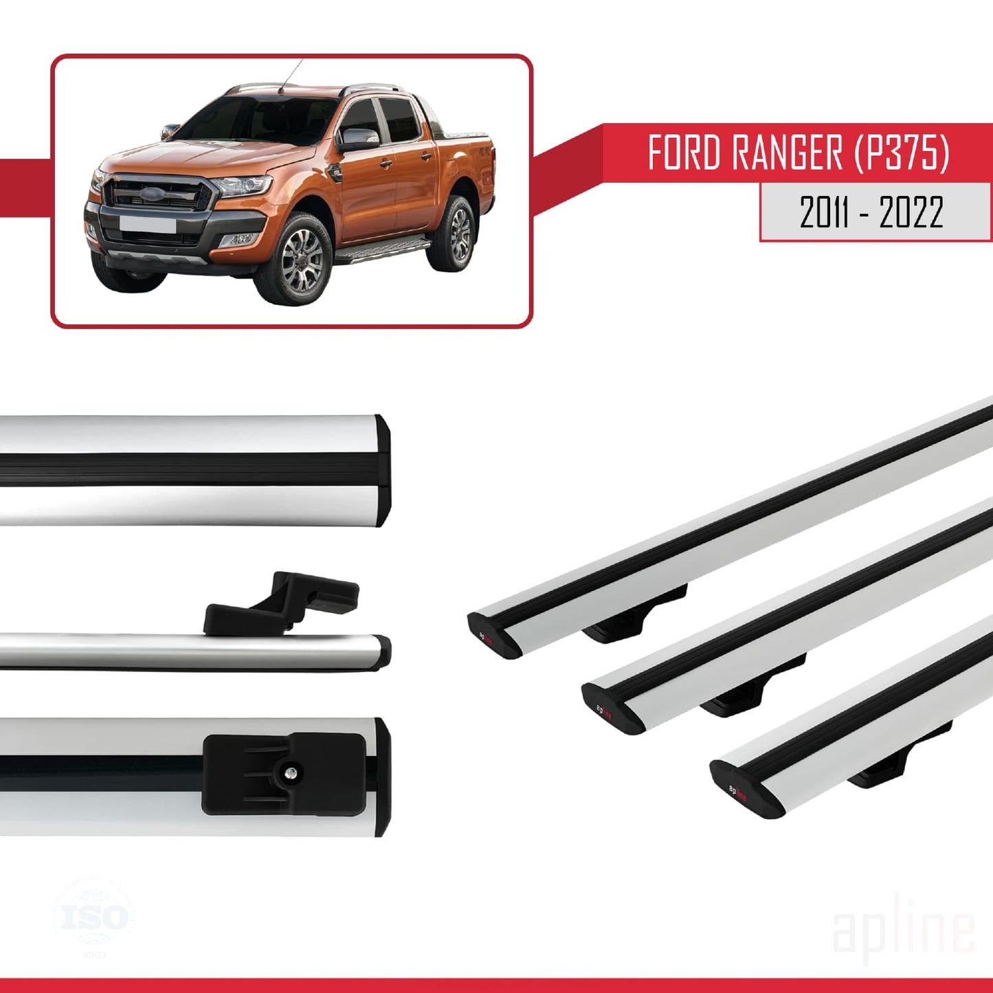 Compatible avec Ford Ranger (P375) 2011-2022 BASIC Model Barres de Toit Railing Porte-Bagages de Voiture Gris Aluminium 3 Barres