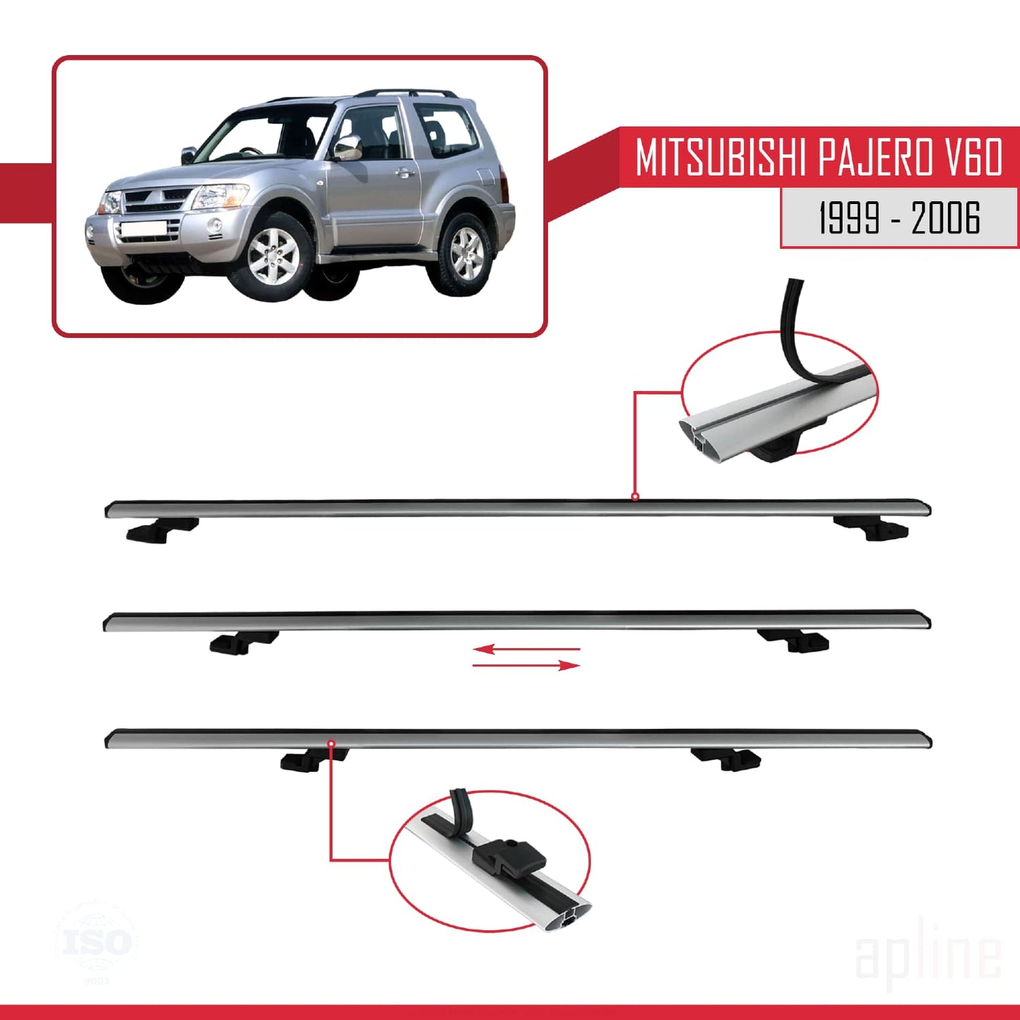 Compatible avec Mitsubishi Pajero (V60) 3 Kapı 1999-2006 BASIC Model Barres de Toit Railing Porte-Bagages de Voiture Gris Aluminium 2 Barres