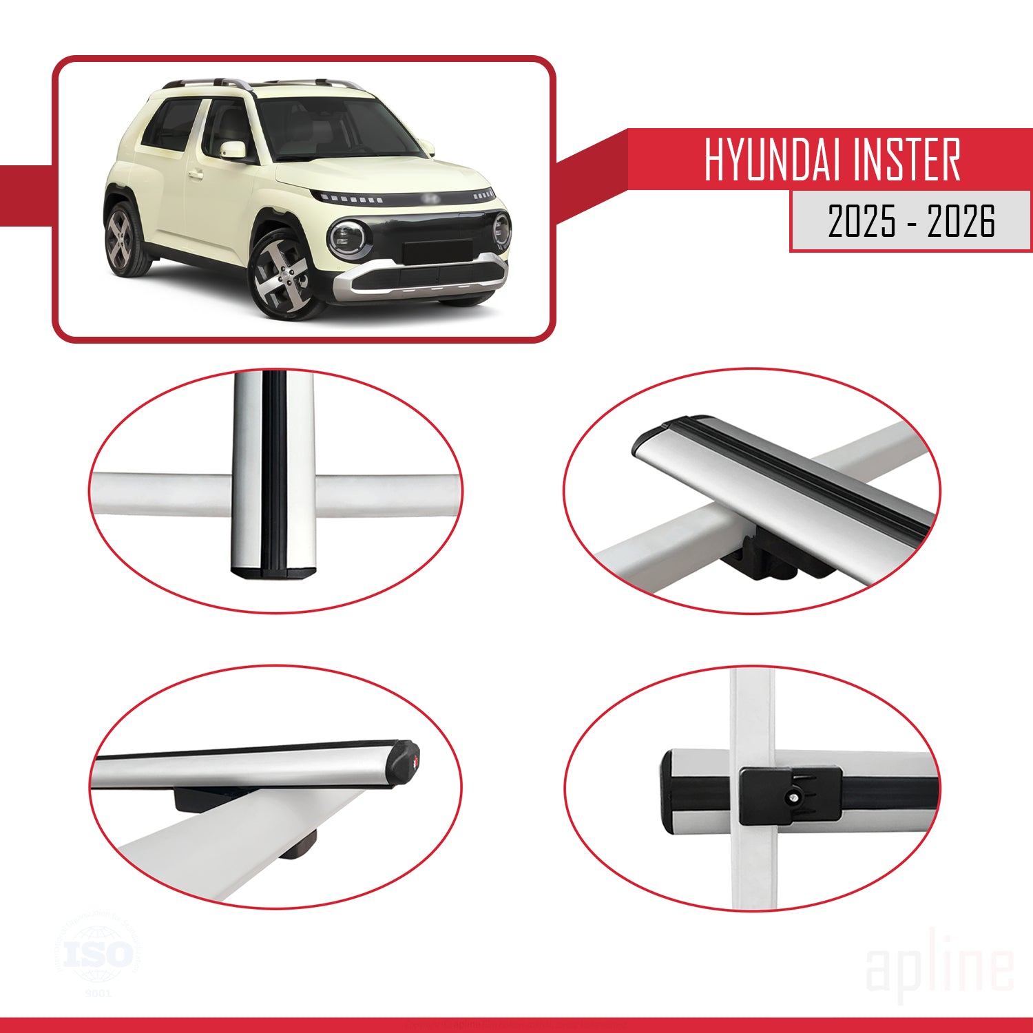 Compatible avec Hyundai Inster 2025-2026 BASIC Model Barres de Toit Railing Porte-Bagages de Voiture Gris Aluminium 3 Barres