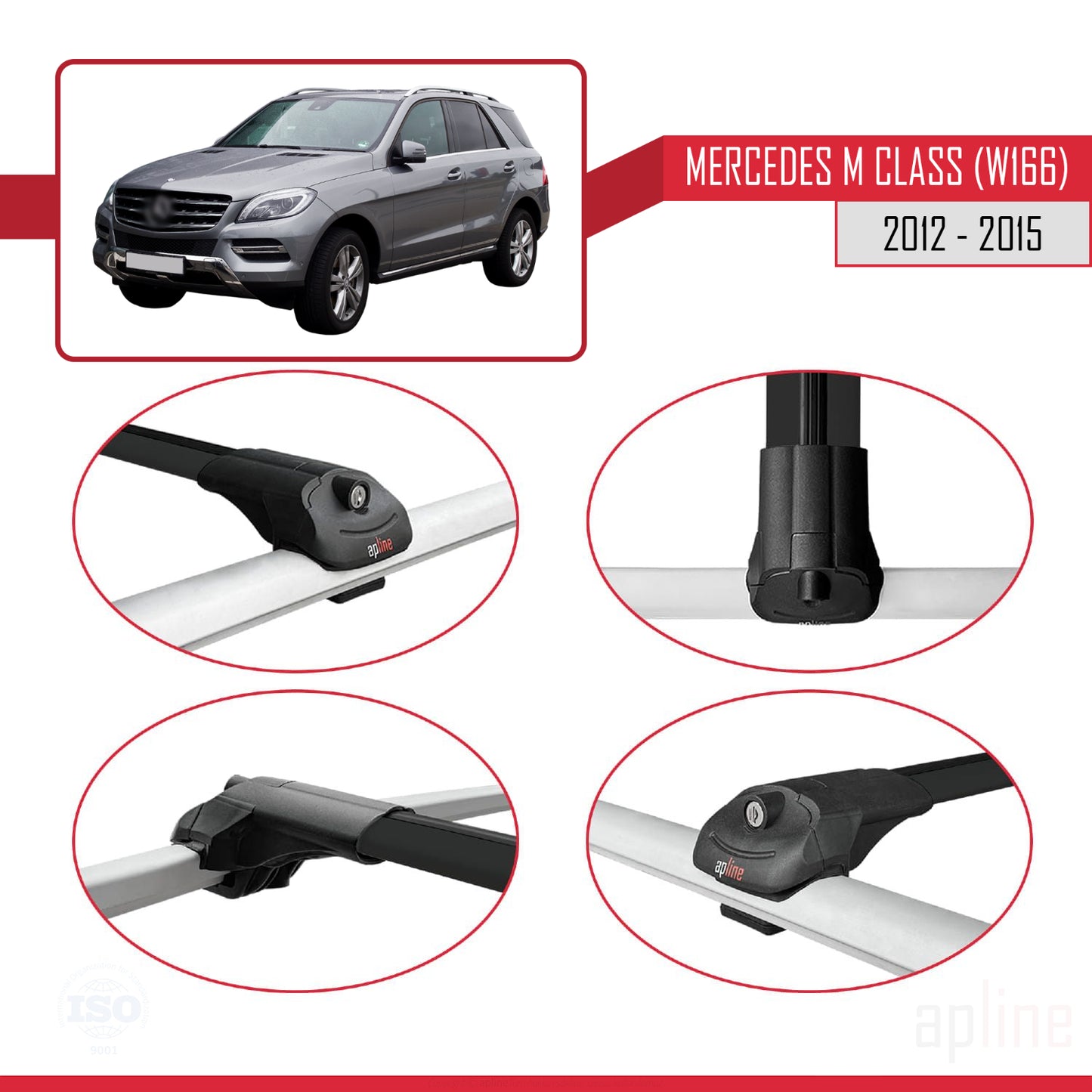 Compatible avec Mercedes M Class 3 (W166) Pre-Facelift 2012-2015 ACE-1 Barres de Toit Railing Porte-Bagages de Voiture Noir Aluminium 3 Barres