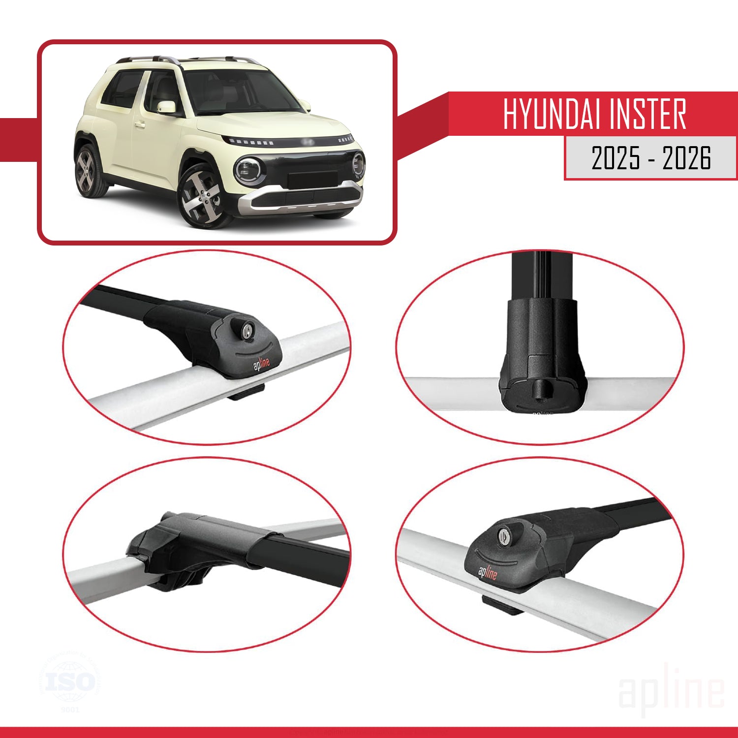 Compatible avec Hyundai Inster 2025-2026 ACE-1 Barres de Toit Railing Porte-Bagages de Voiture Noir Aluminium 2 Barres