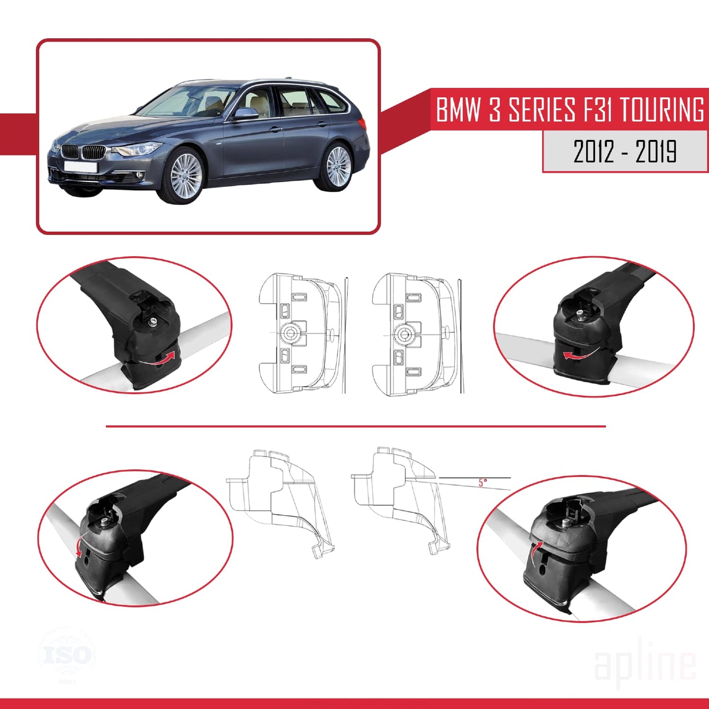 Compatible avec BMW Série 3 (F31) Touring 2012-2019 ACE-2 Barres de Toit Railing Porte-Bagages de Voiture Noir Aluminium 2 Barres