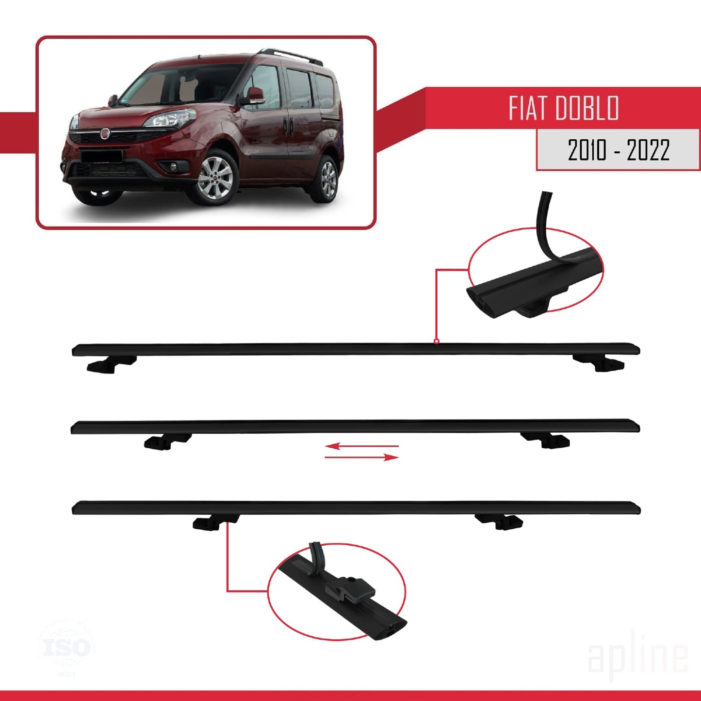 Compatible avec Fiat Doblo 2 2010-2022 BASIC Model Barres de Toit Railing Porte-Bagages de Voiture Noir Aluminium 2 Barres