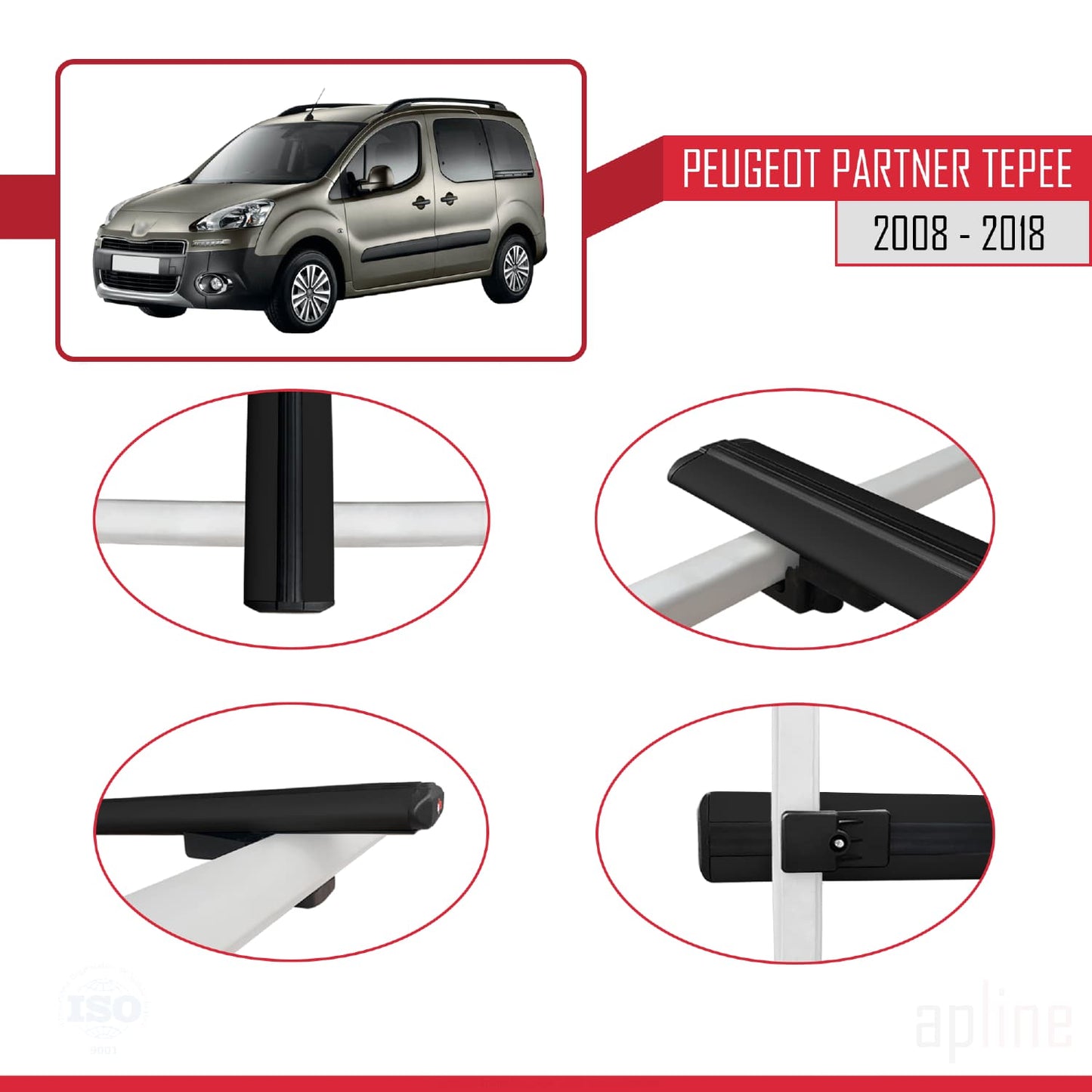 Compatible avec Peugeot Partner 2 Tepee 2008-2018 BASIC Model Barres de Toit Railing Porte-Bagages de Voiture Noir Aluminium 4 Barres