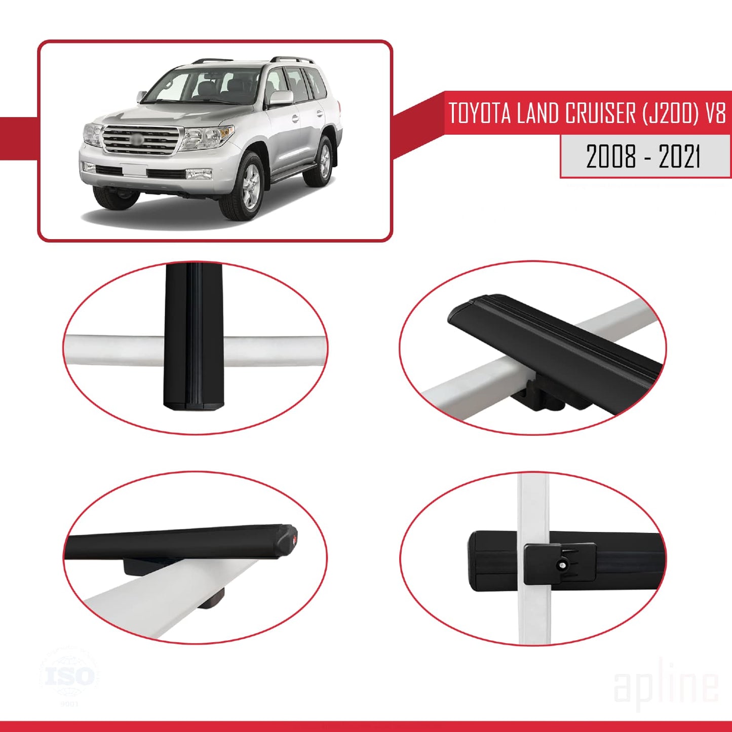 Compatible avec Toyota Land Cruiser V8 (J200) 2008-2021 BASIC Model Barres de Toit Railing Porte-Bagages de Voiture Noir Aluminium 3 Barres