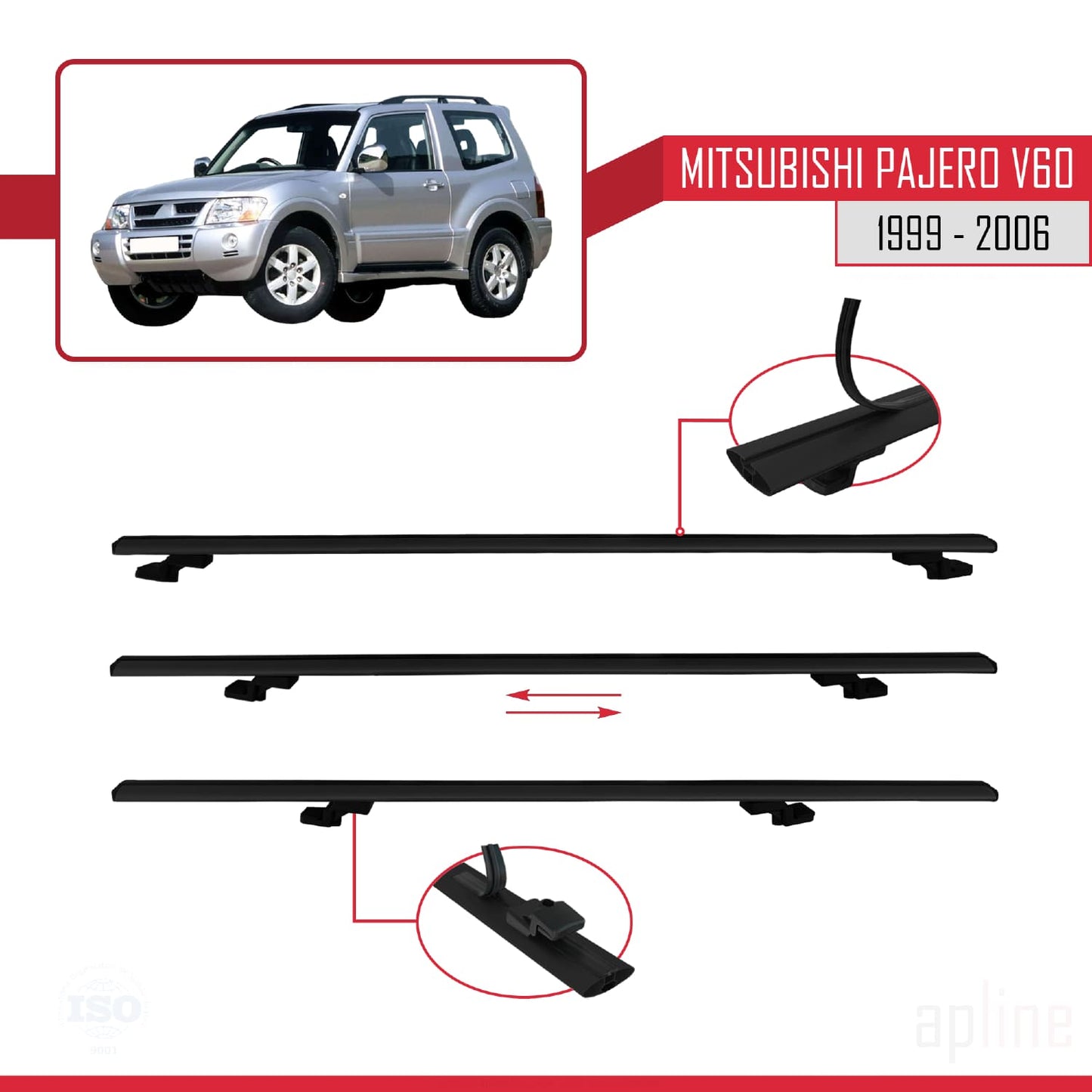 Compatible avec Mitsubishi Pajero (V60) 3 Kapı 1999-2006 BASIC Model Barres de Toit Railing Porte-Bagages de Voiture Noir Aluminium 2 Barres