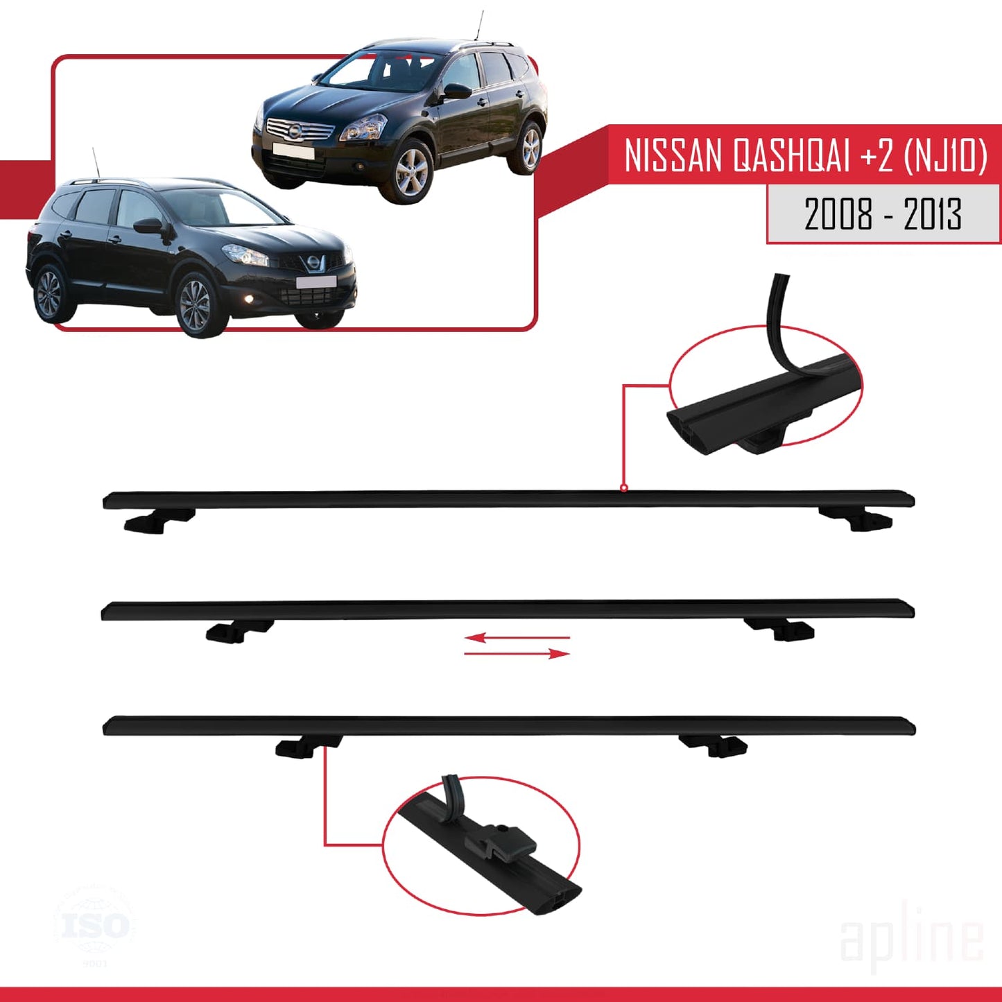 Compatible avec Nissan Qashqai +2 (NJ10) 2008-2013 BASIC Model Barres de Toit Railing Porte-Bagages de Voiture Noir Aluminium 3 Barres