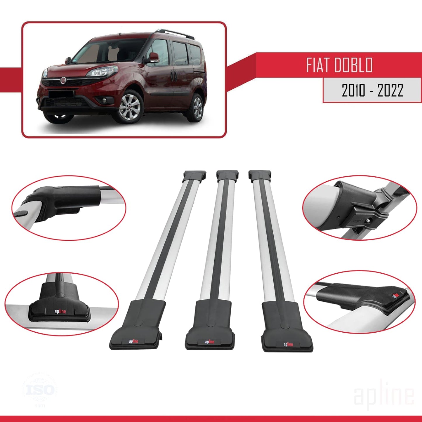 Compatible avec Fiat Doblo 2 2010-2022 FLY Model Barres de Toit Railing Porte-Bagages de Voiture Gris Aluminium 3 Barres