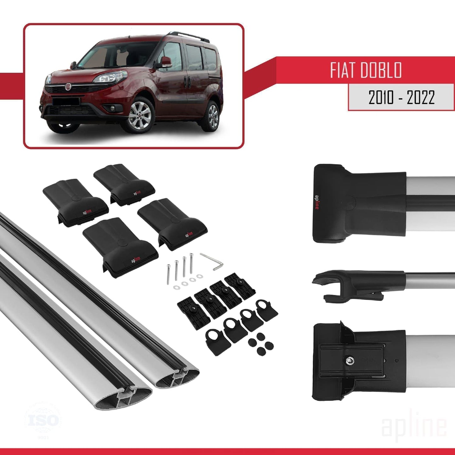 Compatible avec Fiat Doblo 2 2010-2022 FLY Model Barres de Toit Railing Porte-Bagages de Voiture Gris Aluminium 2 Barres