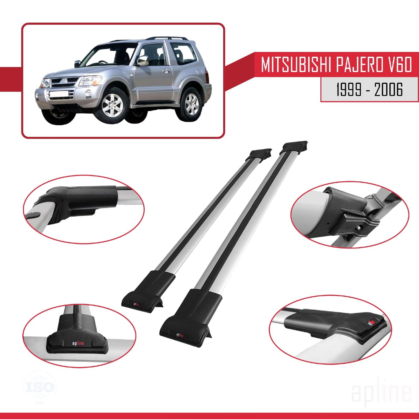 Compatible avec Mitsubishi Pajero (V60) 3 Kapı 1999-2006 FLY Model Barres de Toit Railing Porte-Bagages de Voiture Gris Aluminium 2 Barres