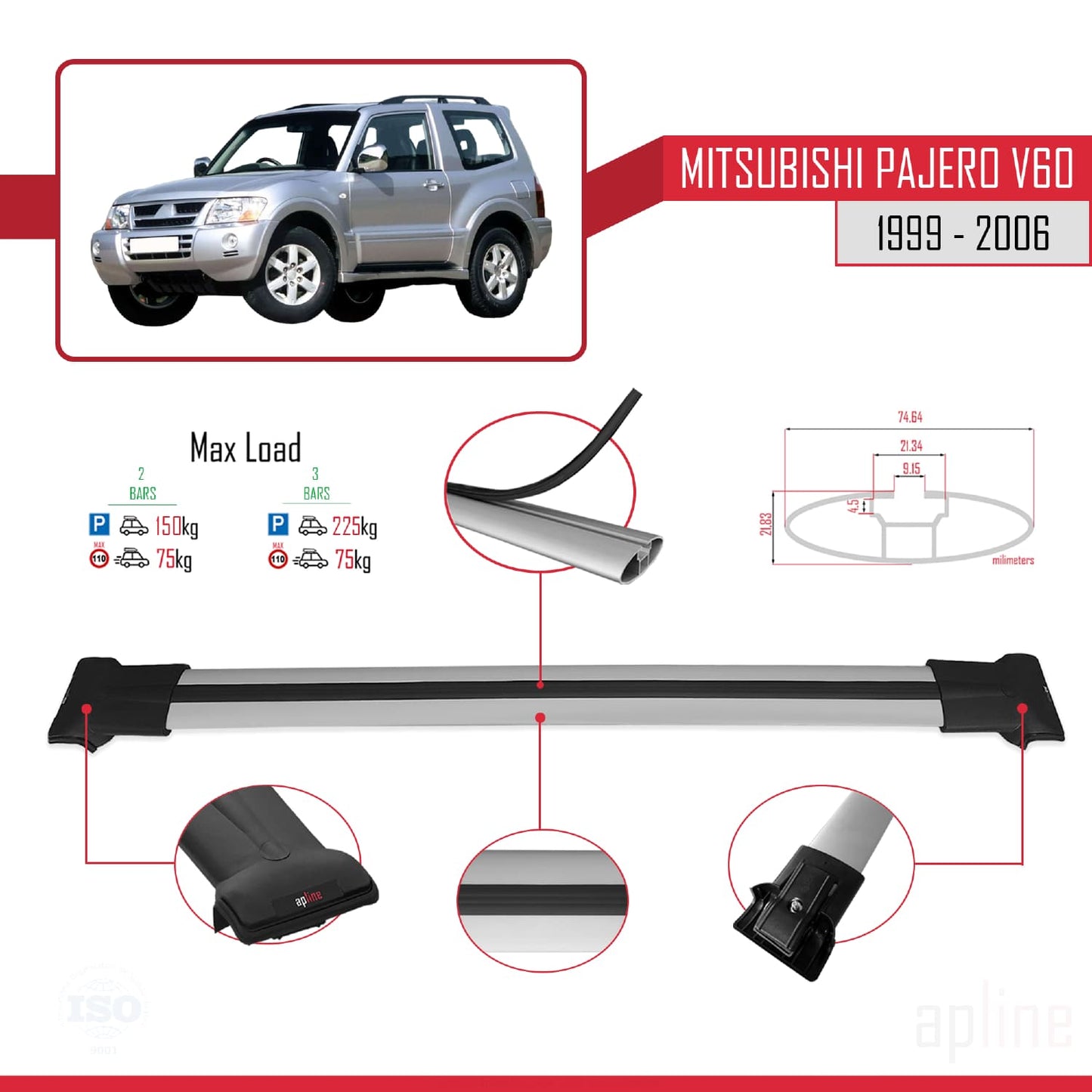 Compatible avec Mitsubishi Pajero (V60) 3 Kapı 1999-2006 FLY Model Barres de Toit Railing Porte-Bagages de Voiture Gris Aluminium 2 Barres