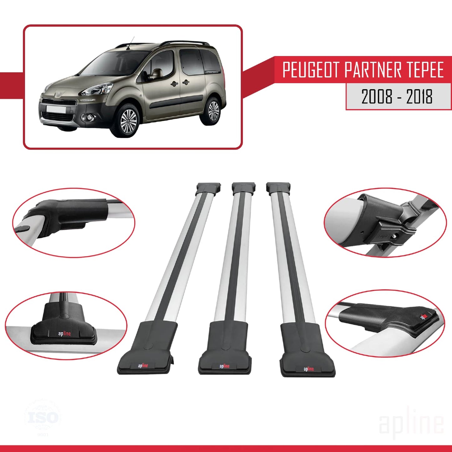 Compatible with Peugeot Partner 2 Tepee 2008-2018 FLY Model Car Roof Rack Cross Bar Grey Aluminium 3 Bars