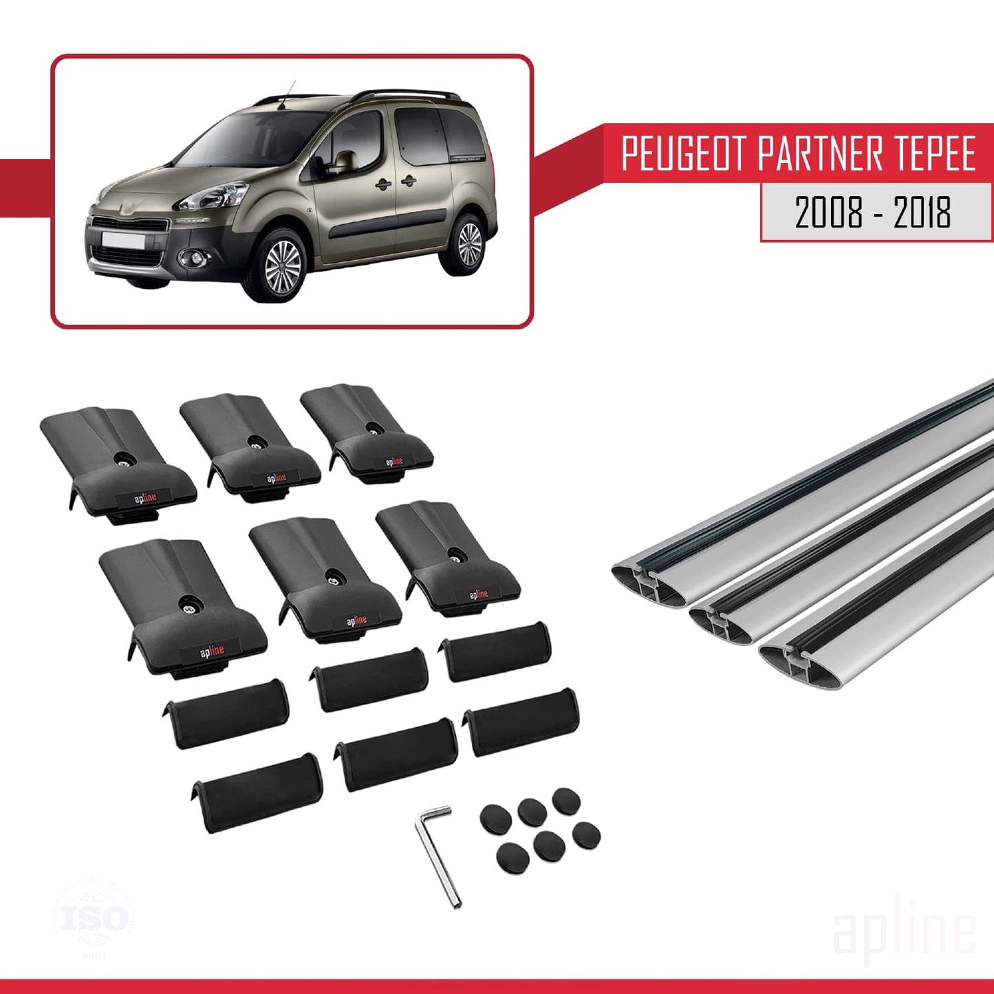 Compatible with Peugeot Partner 2 Tepee 2008-2018 FLY Model Car Roof Rack Cross Bar Grey Aluminium 3 Bars