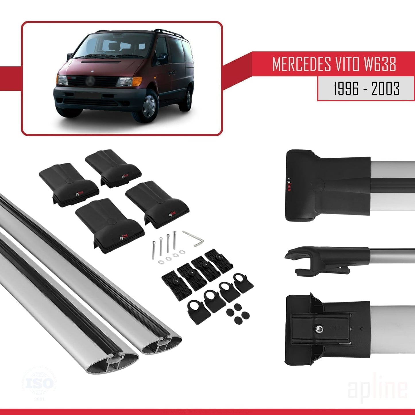Compatible avec Mercedes Vito (W638) 1996-2003 FLY Model Barres de Toit Railing Porte-Bagages de Voiture Gris Aluminium 2 Barres