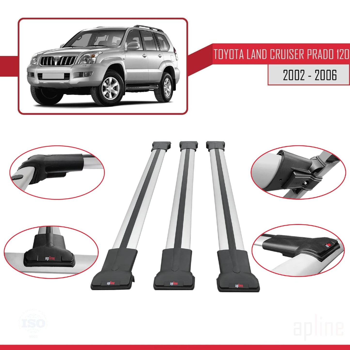 Compatible avec Toyota Land Cruiser Prado (J120) 2002-2006 FLY Model Barres de Toit Railing Porte-Bagages de Voiture Gris Aluminium 3 Barres