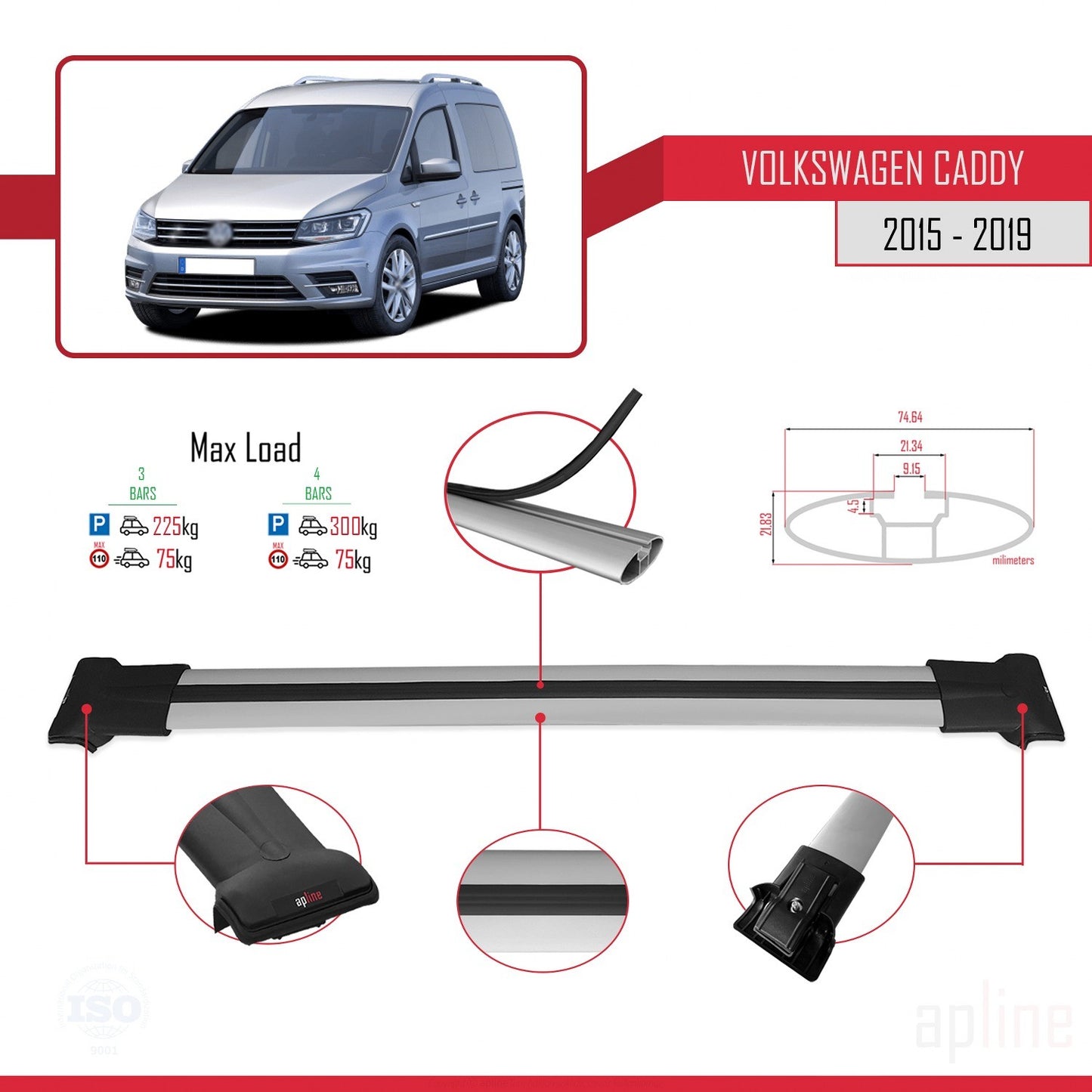 Compatible avec Volkswagen Caddy 3 (SA) 2015-2019 FLY Model Barres de Toit Railing Porte-Bagages de Voiture Gris Aluminium 3 Barres