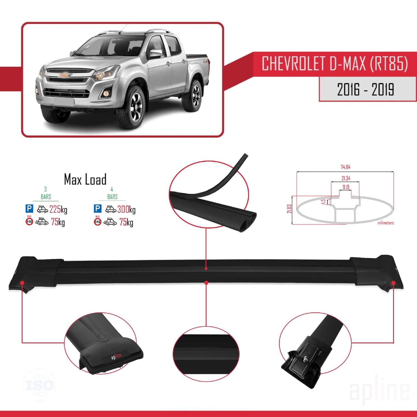 Compatible avec Chevrolet D-Max (RT85) 2016-2019 FLY Model Barres de Toit Railing Porte-Bagages de Voiture Noir Aluminium 3 Barres
