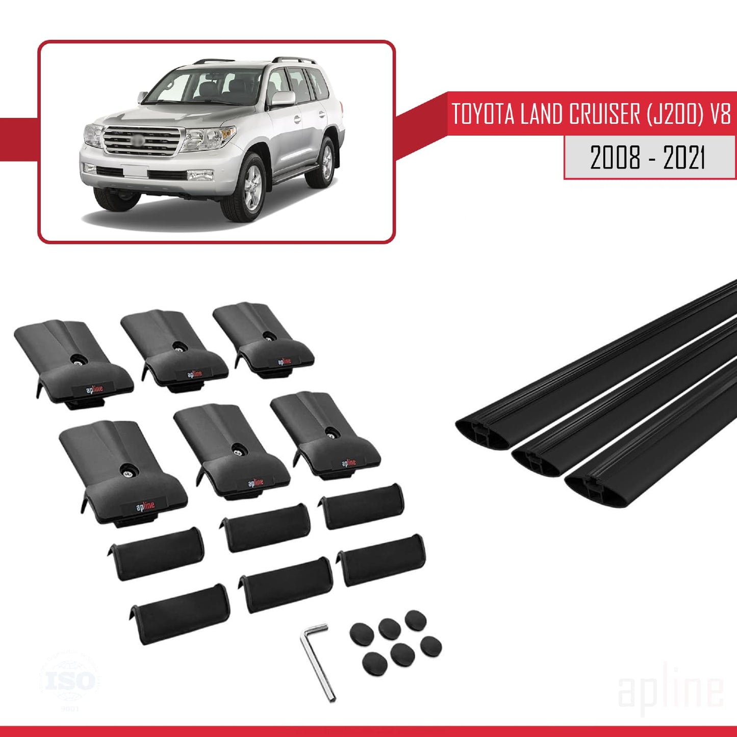 Compatible avec Toyota Land Cruiser V8 (J200) 2008-2021 FLY Model Barres de Toit Railing Porte-Bagages de Voiture Noir Aluminium 3 Barres