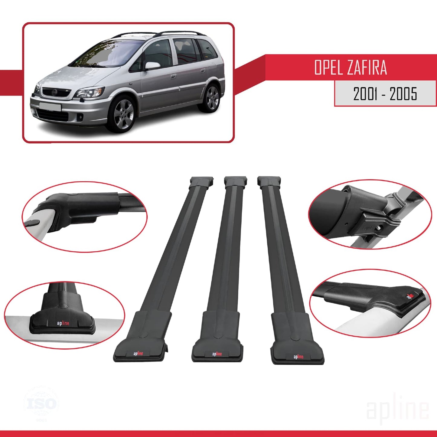 Compatible avec Opel Zafira A (T98) 2001-2005 FLY Model Barres de Toit Railing Porte-Bagages de Voiture Noir Aluminium 3 Barres