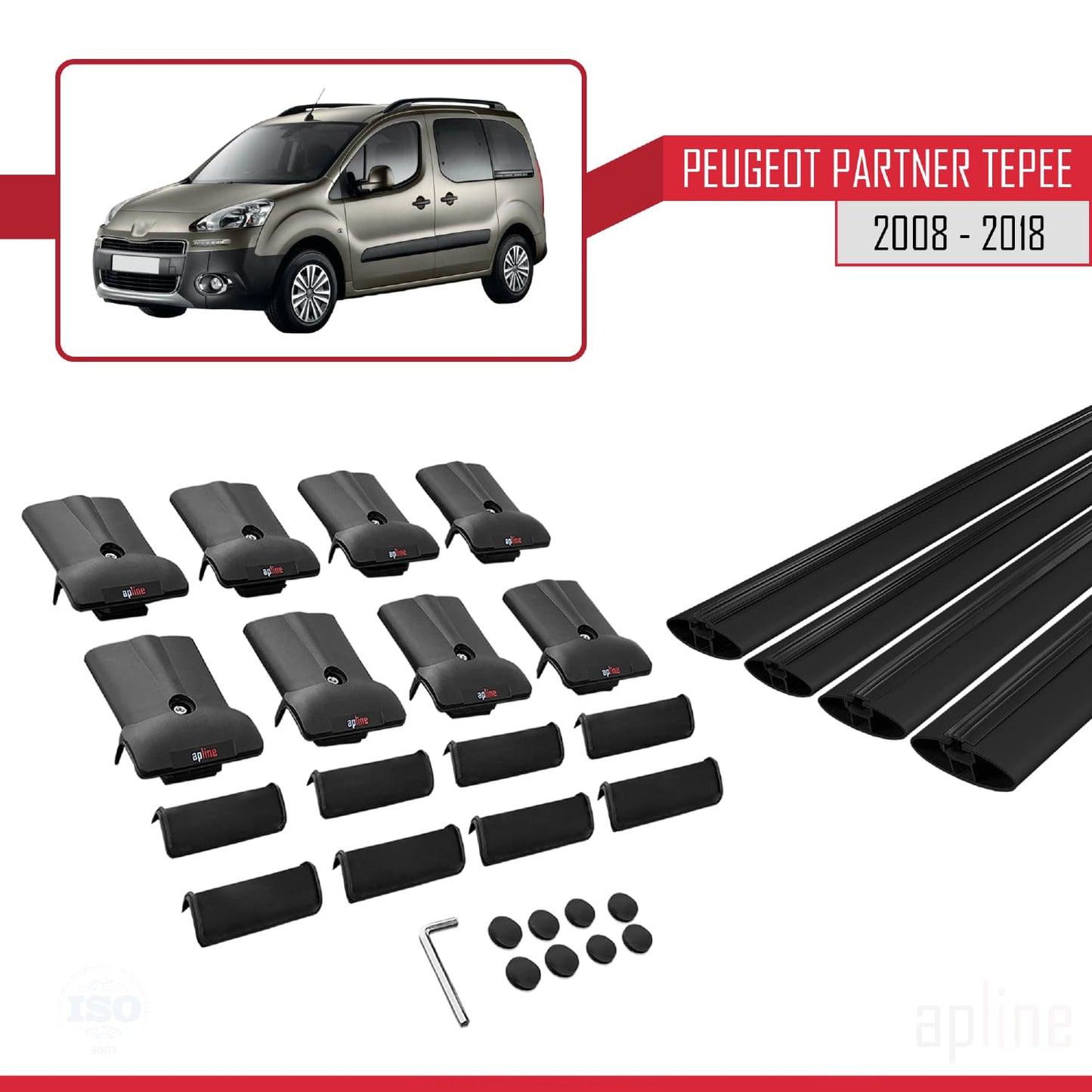 Compatible with Peugeot Partner 2 Tepee 2008-2018 FLY Model Car Roof Rack Cross Bar Black Aluminium 4 Bars