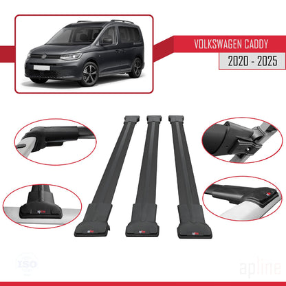 Compatible avec Volkswagen Caddy 4 (SB) 2020-2025 FLY Model Barres de Toit Railing Porte-Bagages de Voiture Noir Aluminium 3 Barres