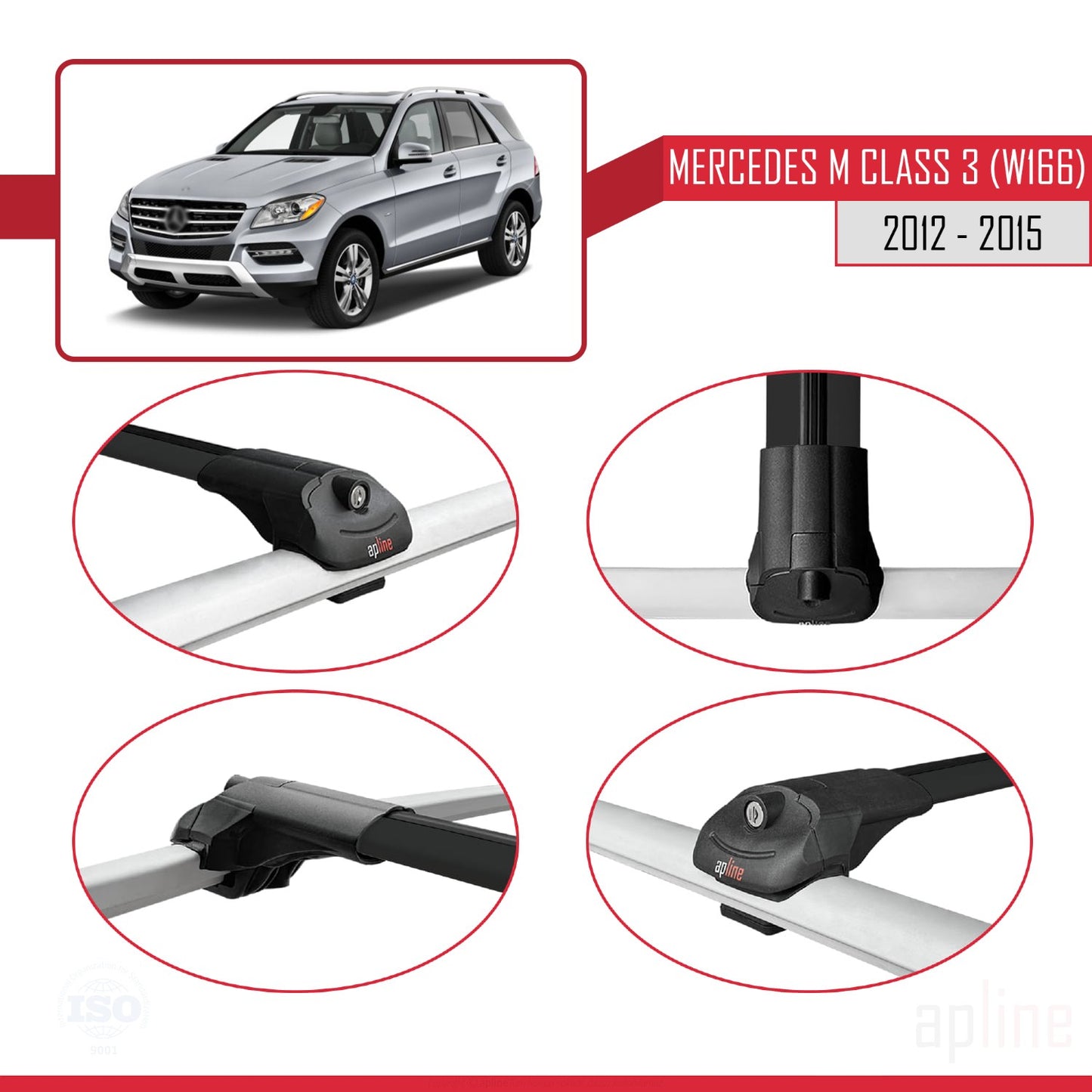 Compatible avec Mercedes Classe M 3 (W166) Pre-Facelift 2012-2015 ACE-1 Barres de Toit Railing Porte-Bagages de Voiture Noir Aluminium 2 Barres