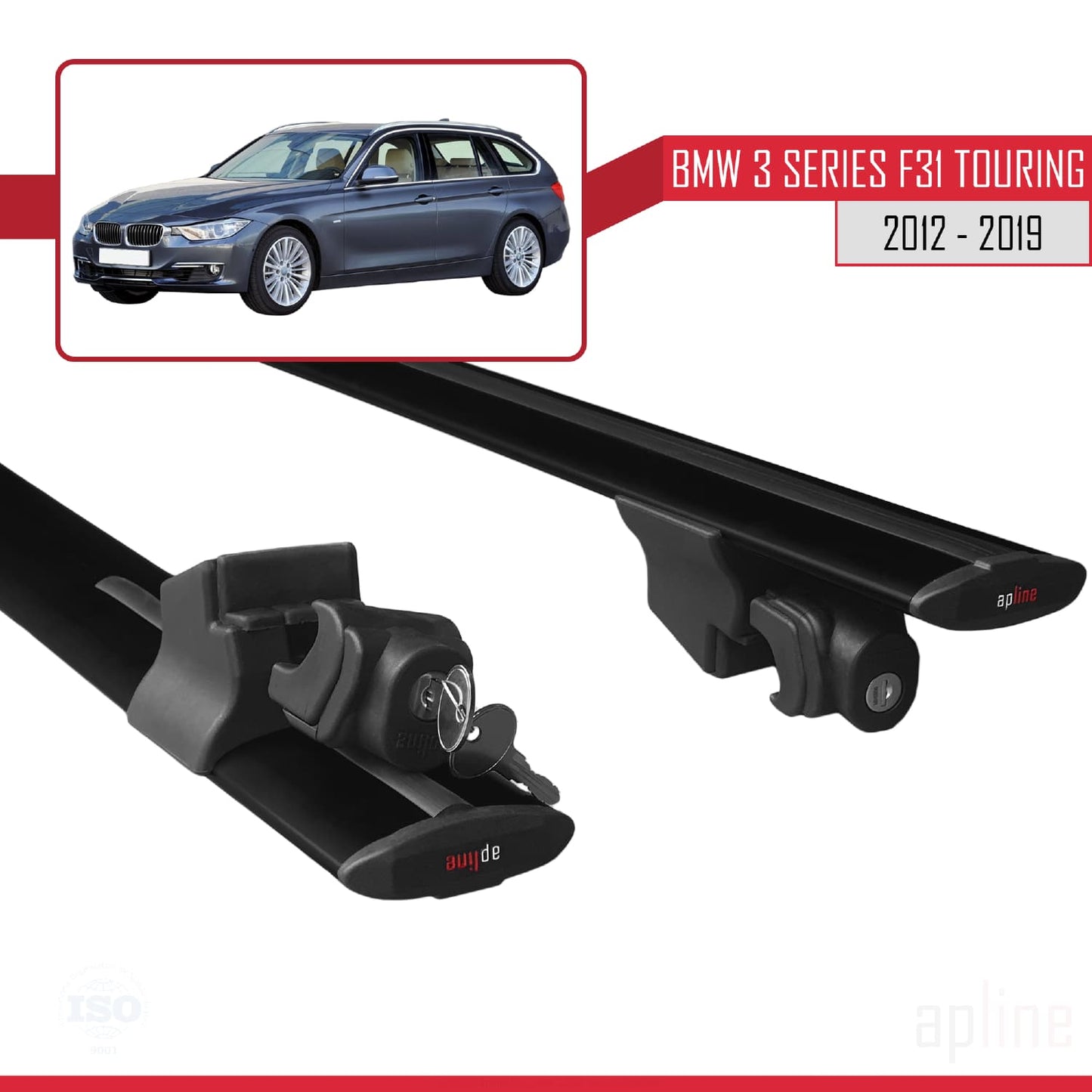 Compatible avec BMW Série 3 (F31) Touring 2012-2019 HOOK Model Barres de Toit Railing Porte-Bagages de Voiture Noir Aluminium 2 Barres