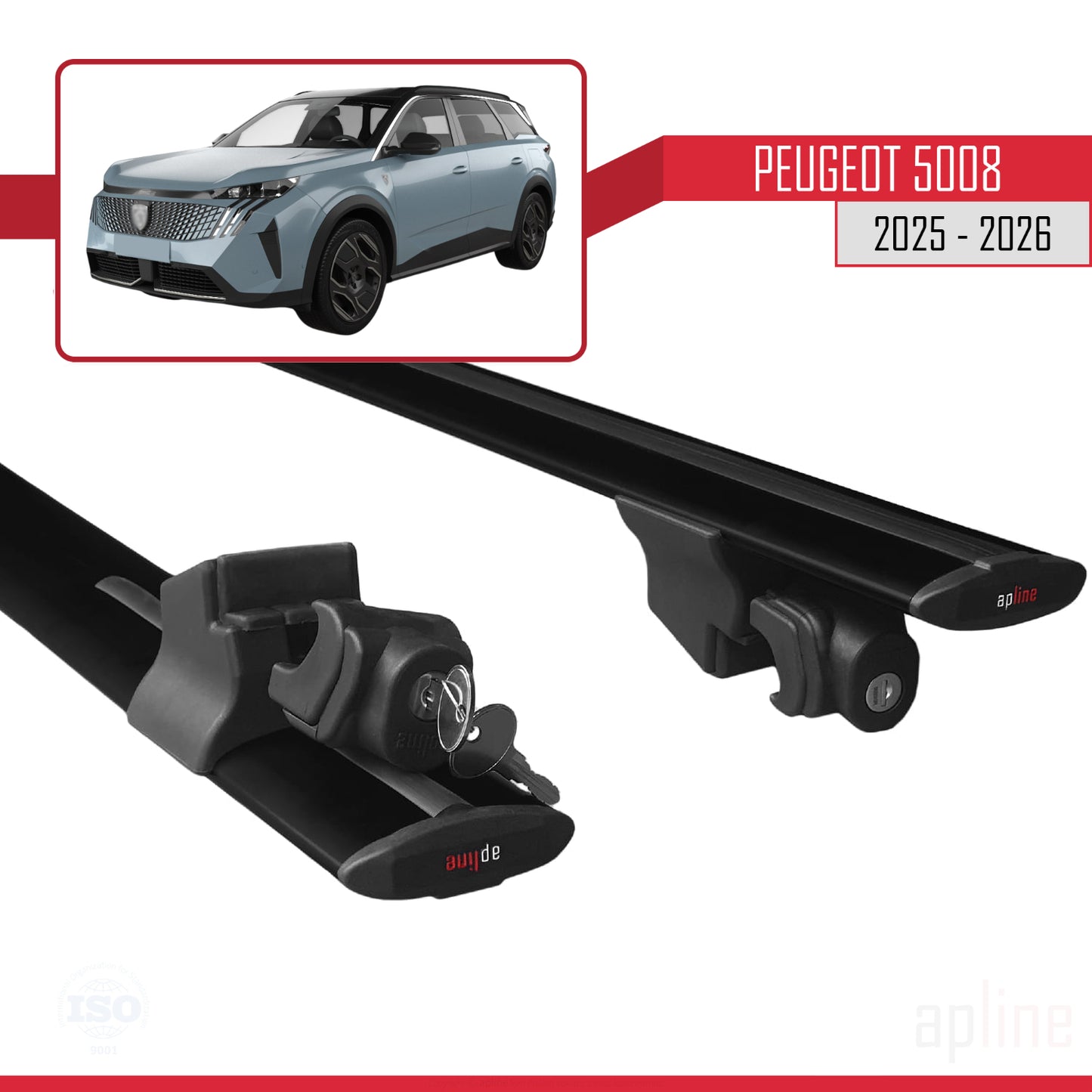 Compatible avec Peugeot 5008 2025-2026 HOOK Model Barres de Toit Railing Porte-Bagages de Voiture Noir Aluminium 2 Barres