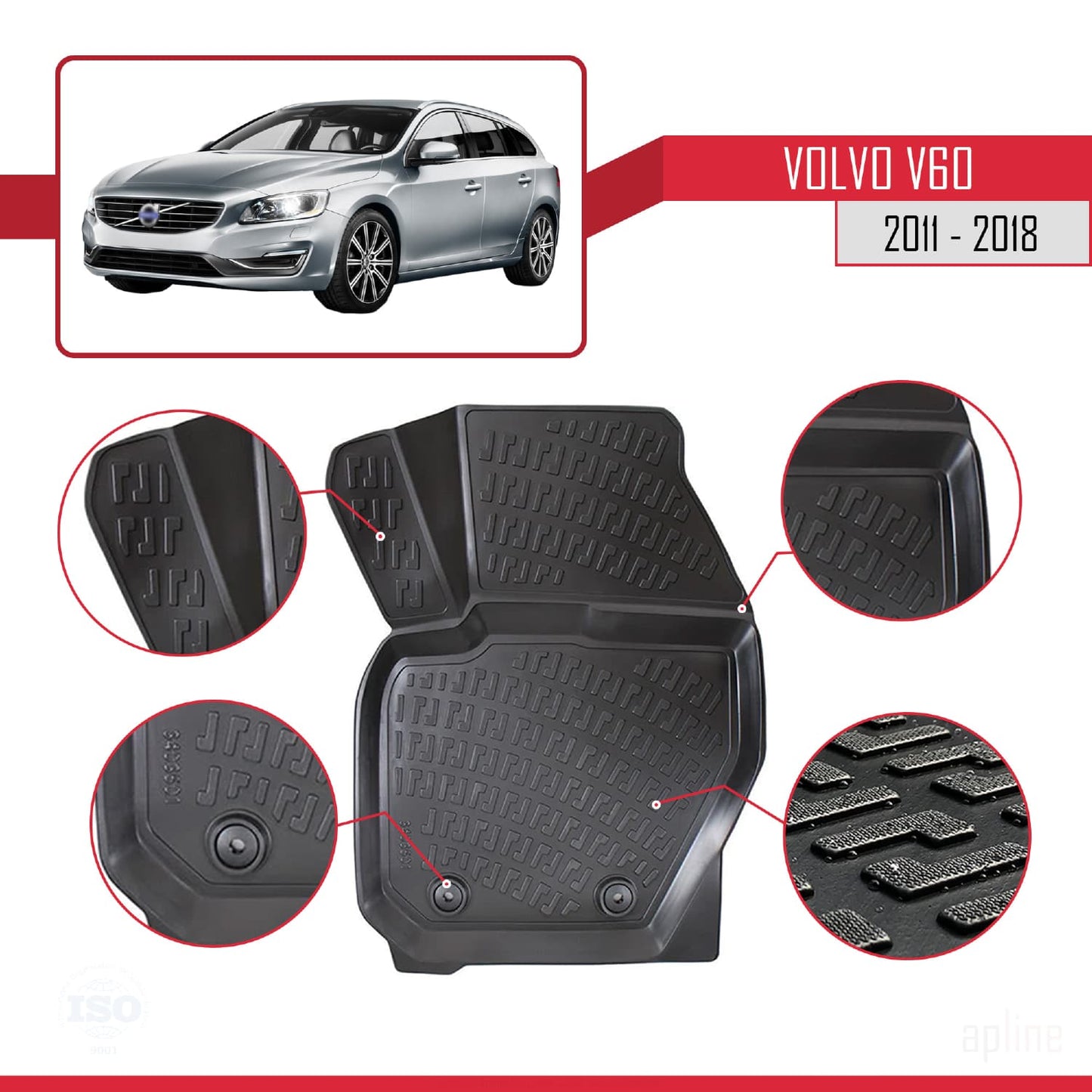 Compatible avec Volvo V60 2011-2018 4D Tapis de Voiture Noir