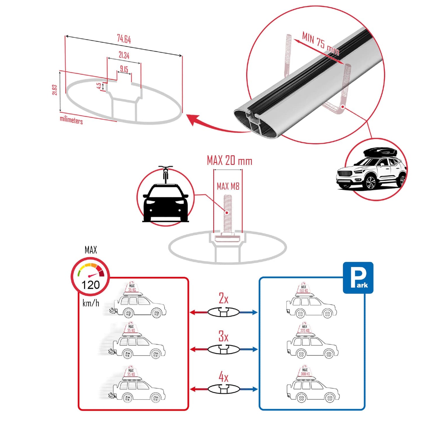 Compatible with Opel Combo E 2019-2022 ACE-1 Car Roof Rack Cross Bar Grey Aluminium 2 Bars